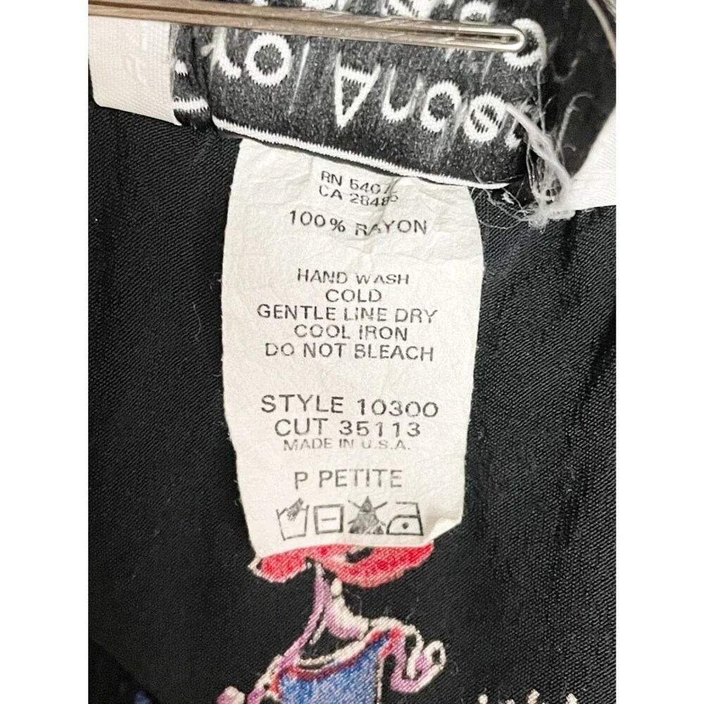 Carol Anderson Petite Vintage 90s Midi Skirt P Black Novelty Print Rayon USA Y2K